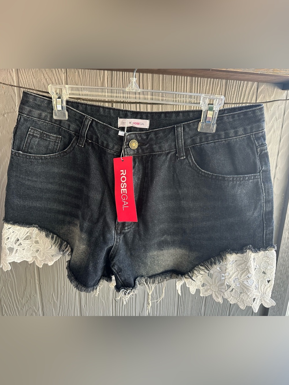NWT Rosegal Black dark Washed Denim Frayed Hem and lace Women's Shorts M